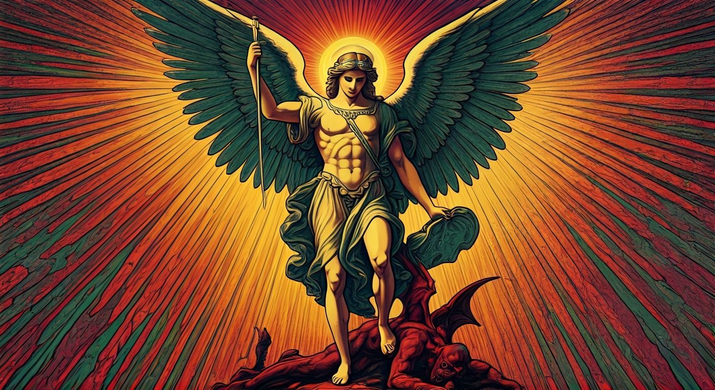 Archangel Michael defeats Satan. Psychedelic 60s art poster, psychedelic font, Horror vacui, Victorian, Art nouveau, Phosphenes, vibrating c...