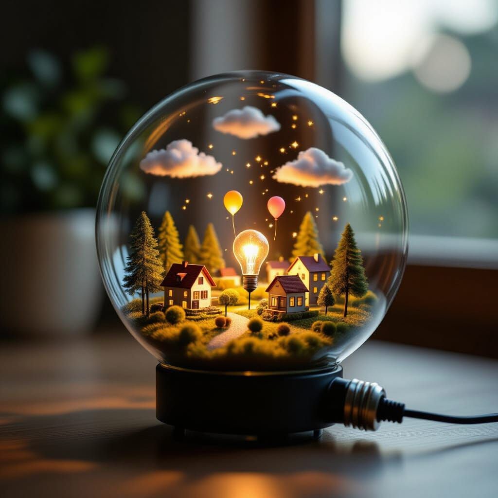 Miniature City Inside Glass Lightbulb on Table