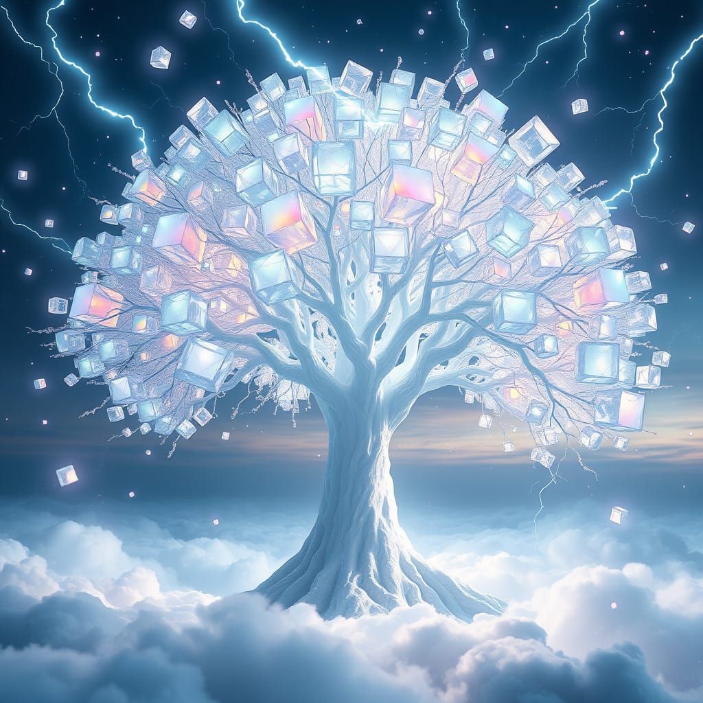 White geometric tree giving lot of rainbow translucent luminous lightning ice crystal cubes. On clouds. ...  by @Lightning
