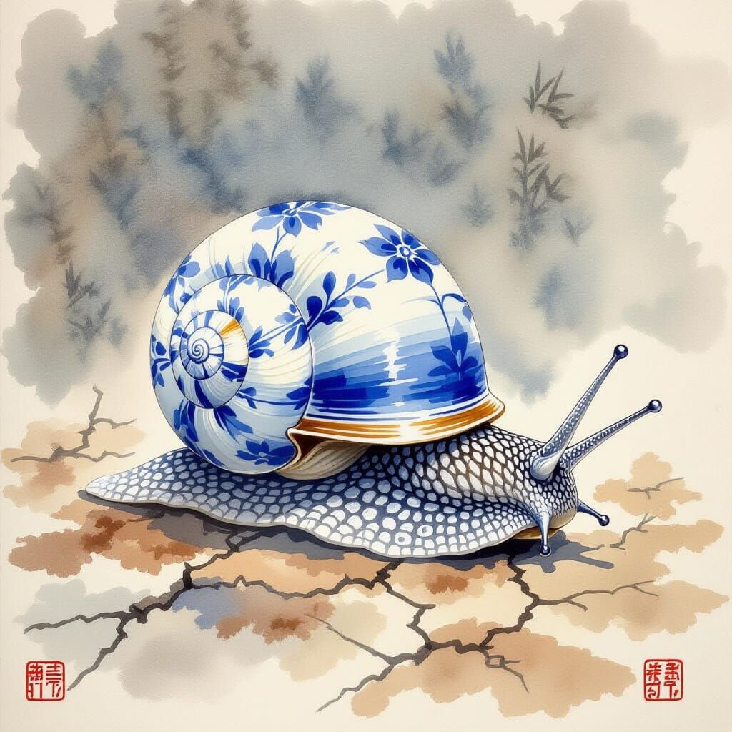 Blue and White Porcelain Snail Relocating Home in Watercolor...