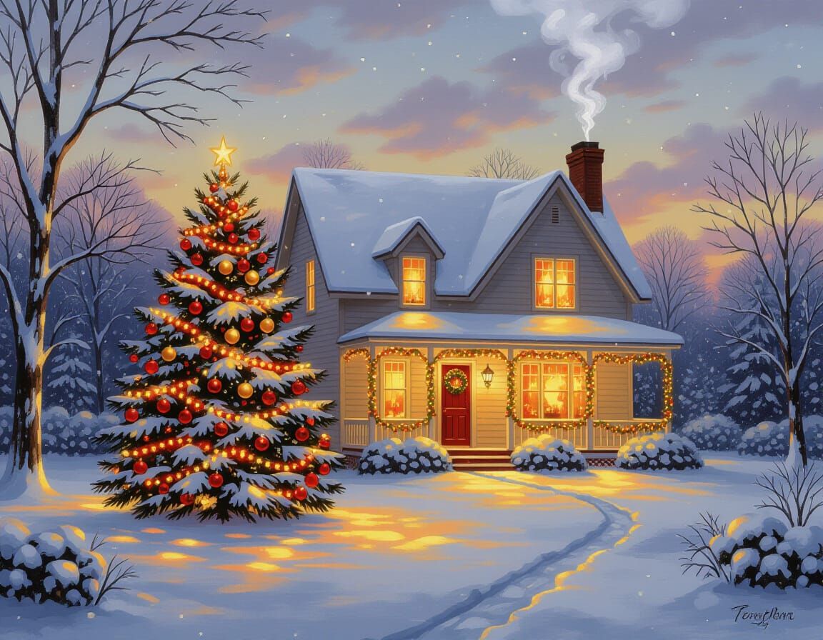 Cozy winter evening with a brightly lit house surrounded by snow. In the yard stands a decorated Christmas tree glowing with golden and red ...