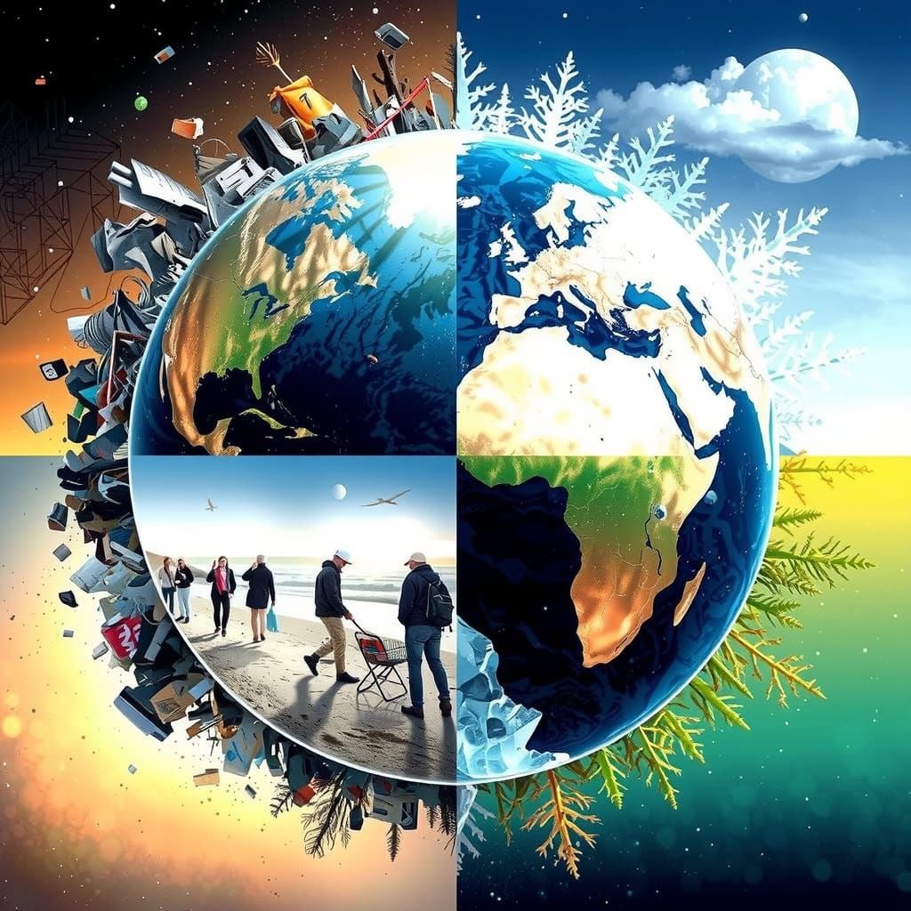 The earth divided into 4 sections, first section has trash scattered around and is dark and gloom...