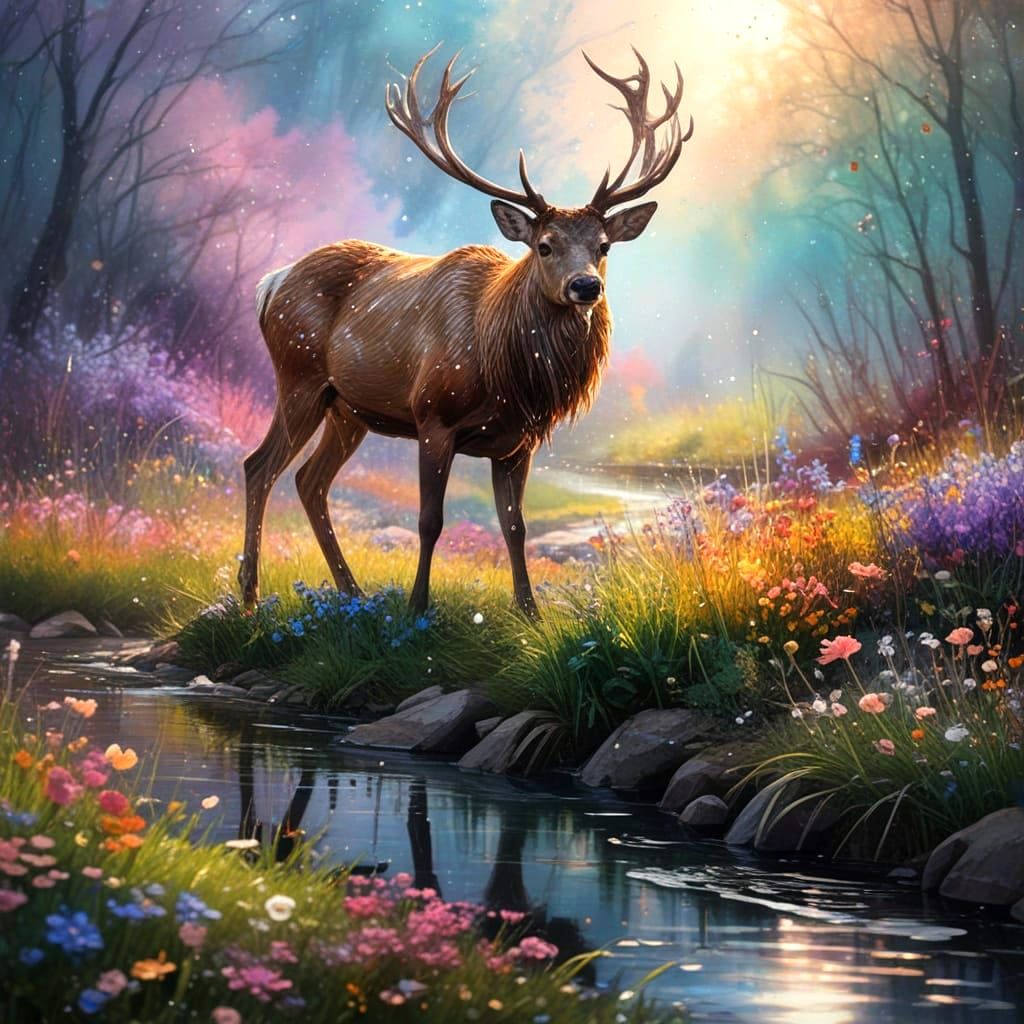 spring flowers Landscape  wide-angle foreground rain falls around, splashing in river. Whimsical ink ...  by @Peregrine Falconer