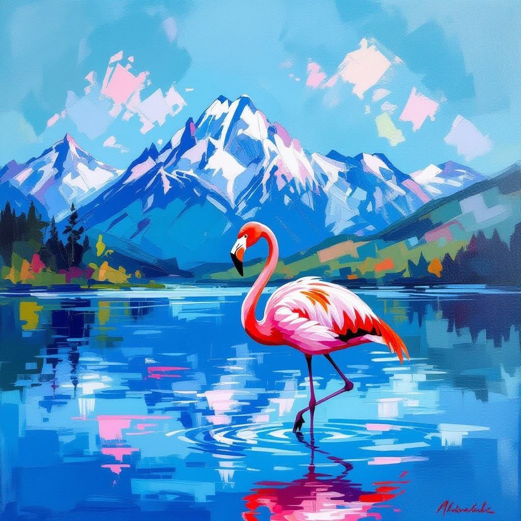 Impressionist Flamingo in Blue Mountain Lake Oil Painting