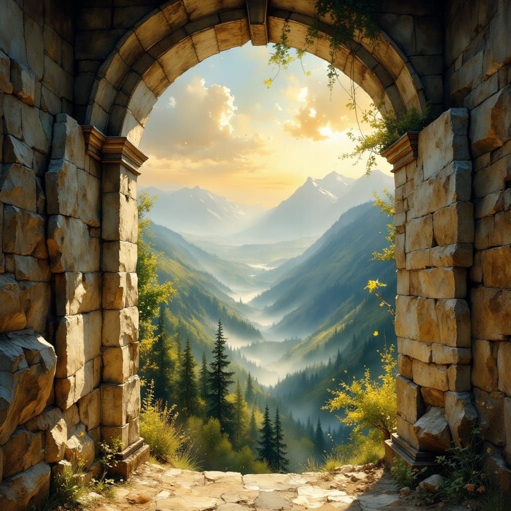 The Window on the West, view out of a stone castle window looking down on a lush forested valley, epic sweeping landscape, rich saturated co...