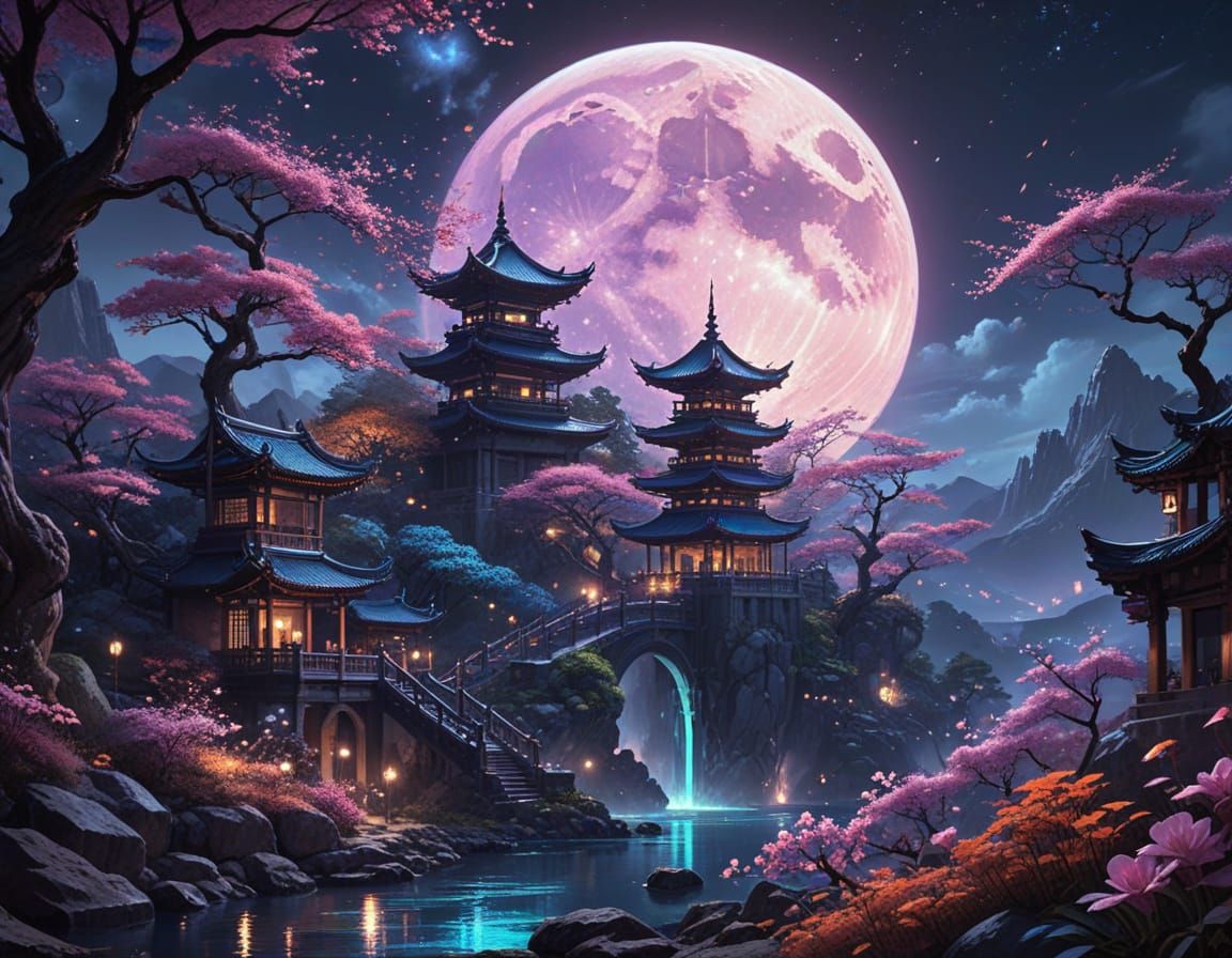 Breathtaking starry sky with swirling cosmic nebulae in sparkling colors and passing comets past over a wondrous oriental fairytale realm. I...