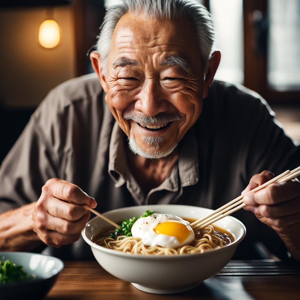 Close-up of smiling old Japanese man eating bowl of ramen noodle with poached egg on top. Yummy ramen. ...  by @Genghistwelve