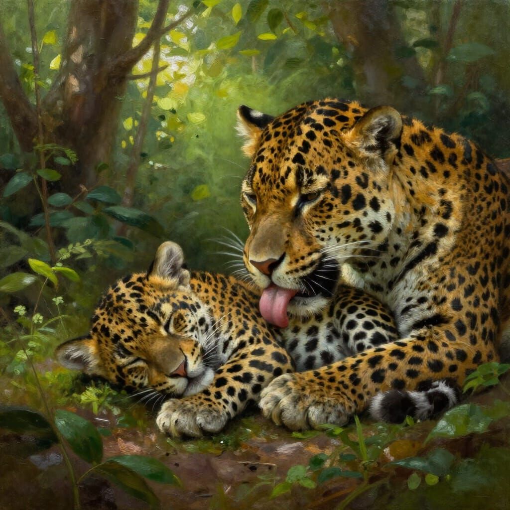 Baby Jaguar Napping in Mother's Care, Realistic Wildlife Art