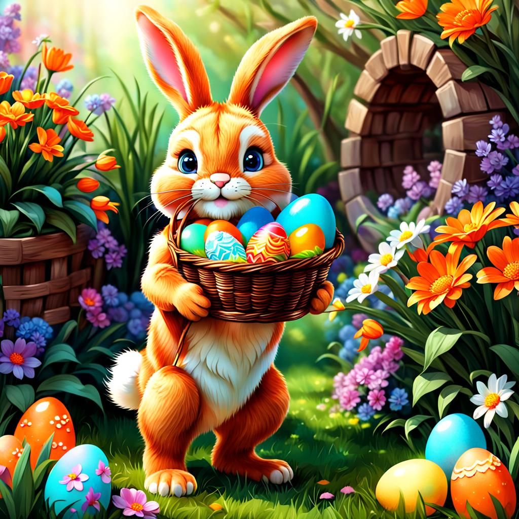 Portrait, cute cub easter orange bunny holding a basket of c...