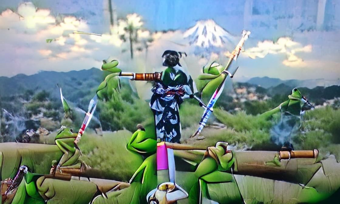 Kermit the frog with two samurai swords smoking a blunt