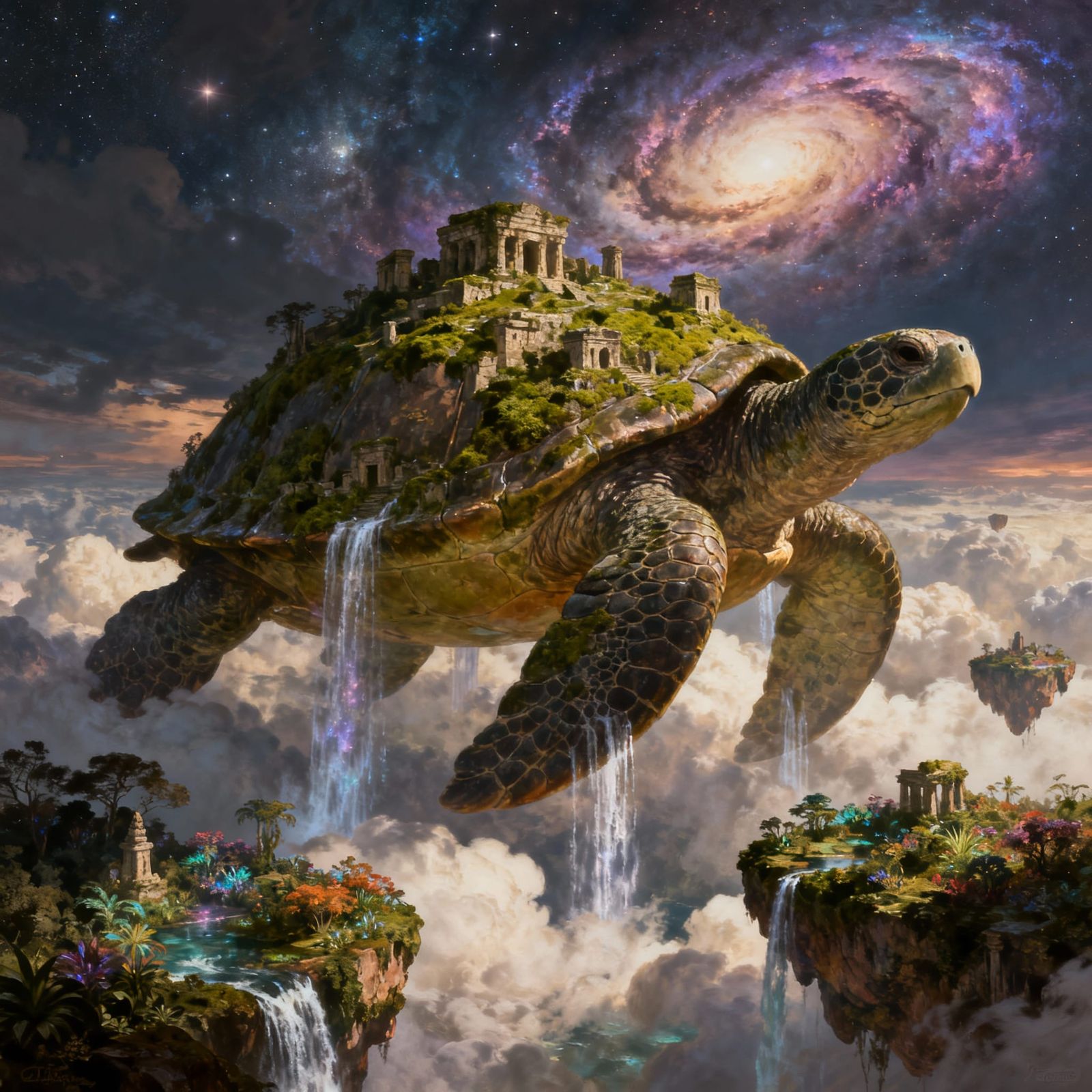 A colossal, ancient turtle, its body a landscape of moss-covered ruins and forgotten temples, floats ...  by @teslacult