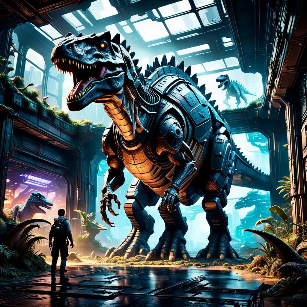 Time Traveler exits a hypercube into a world populated by sentient cyborg dinosaurs. Epic cinematic brilliant ...  by @undefined