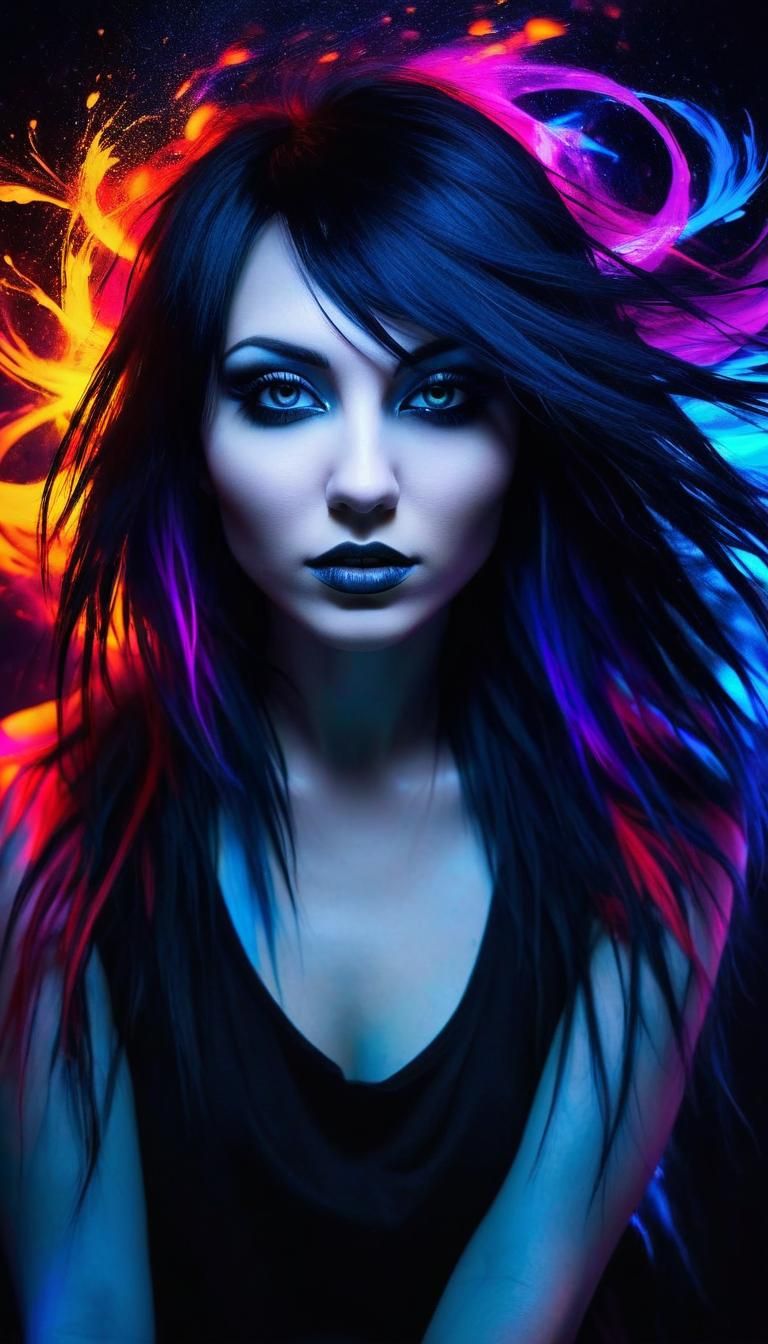Ethereal Emo Woman in Neon Noir Impressionism