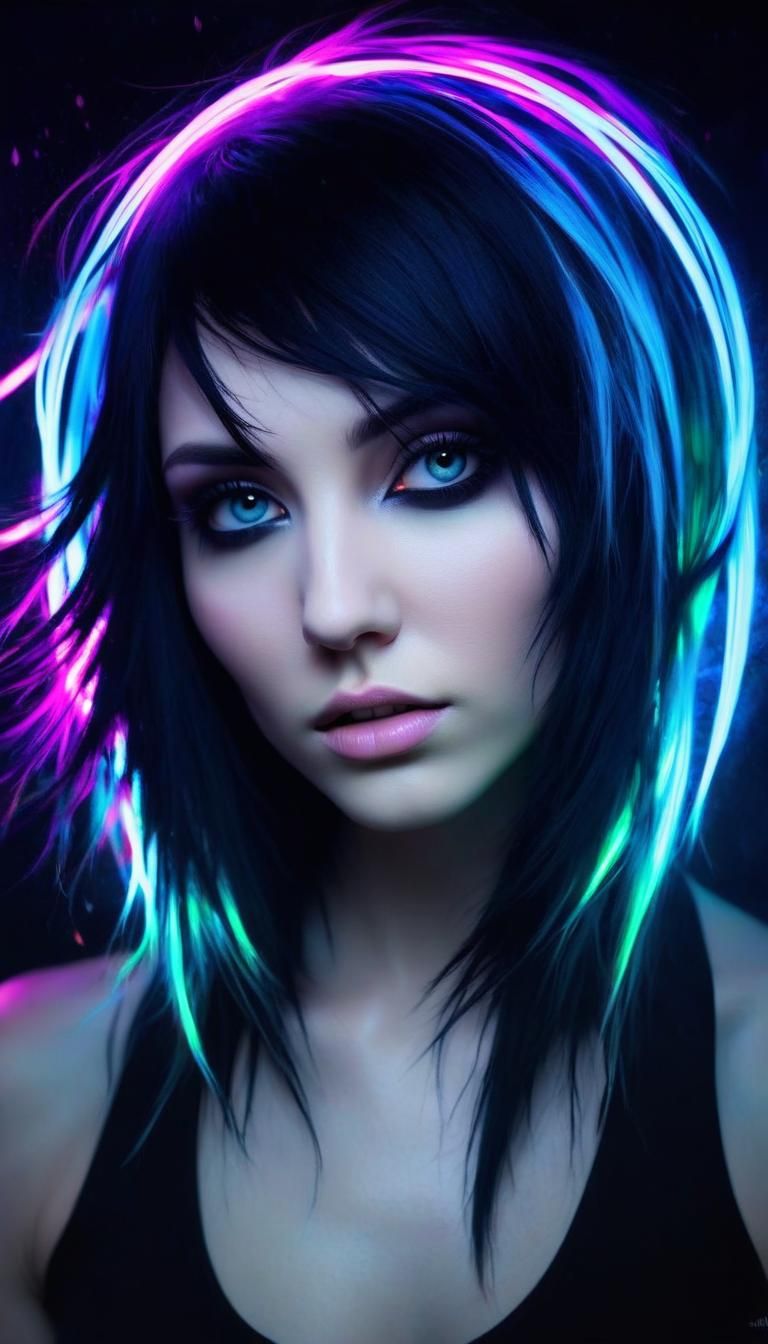 Mystical Emo Woman in Neon Noir Impressionism