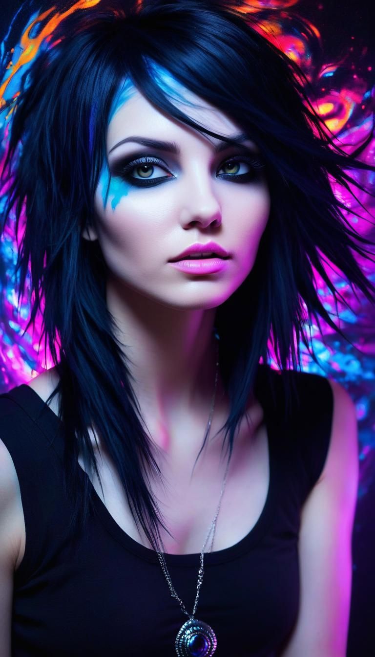 Emo Woman in Black Light Neon Noir Impressionism