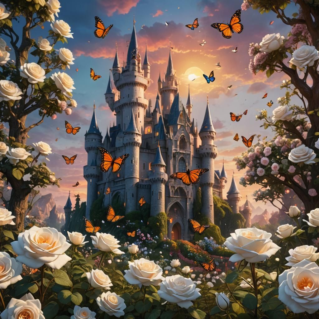 monarch butterflies, blooming white rose in a garden, colorf...
