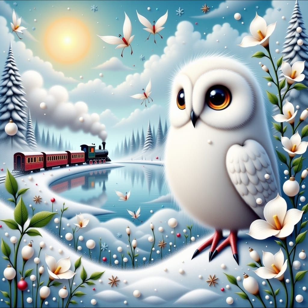 <lora:White Fantasy:1.0>whimsical acrylic 3D structures painting of a fluffy white Owl near white Calla blossom, with a background winter la...