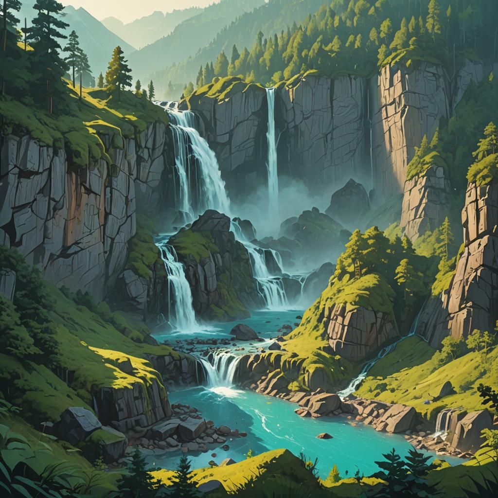 Majestic Waterfalls Landscape Inspired by Simon Stalenhag