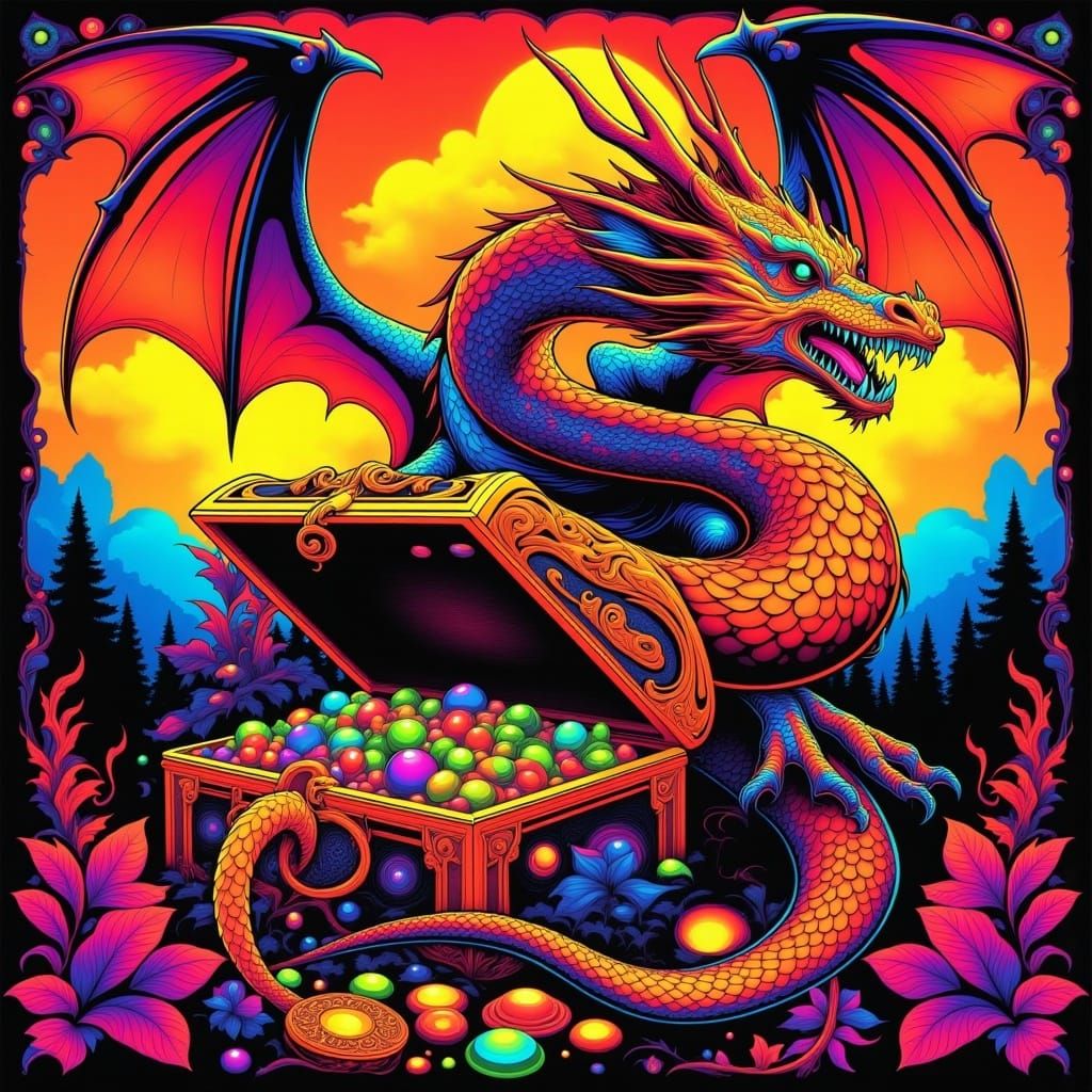 Dragon on a treasure chest, retro poster illustration, <lora:Vintage Blacklight:1.0> 