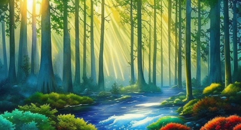 extremely detailed watercolor painting, pine trees, forest, magical ...