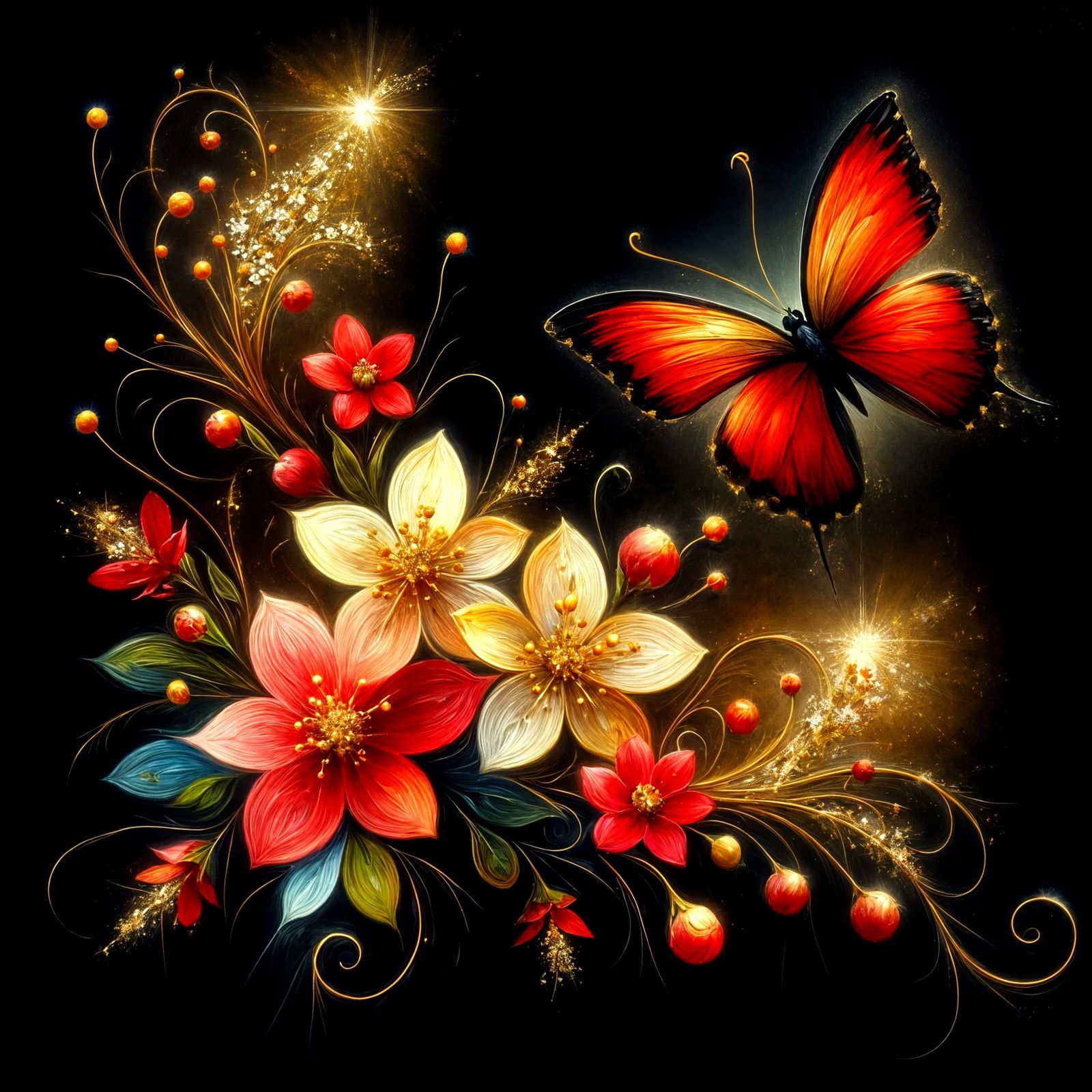 Golden Petals and Majestic Butterfly in Black Canvas