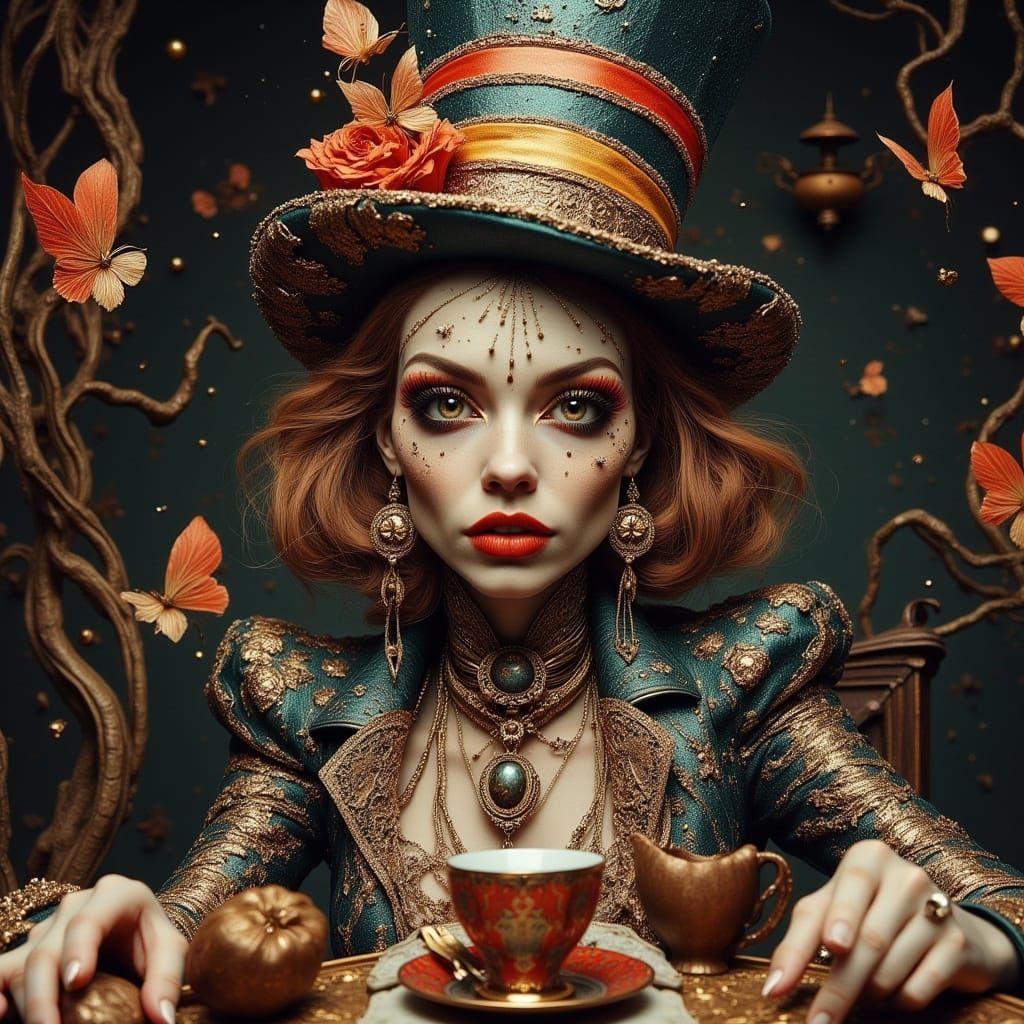 <lora:divineOil:1.0> <lora:Ornate:1.0> <lora:-Lunatic-:1.0> The female mad hatter, editorial photography,