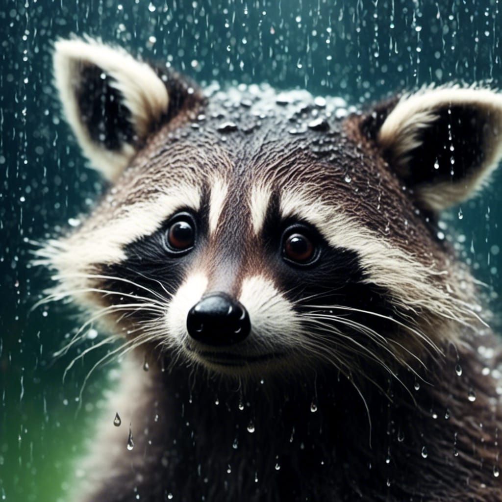 a trash panda peering through a window in the rain, fluffy b...