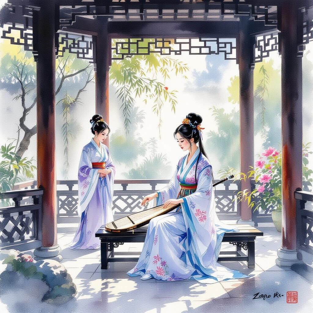 Ancient Chinese Woman Plays Guqin in Garden Pavilion