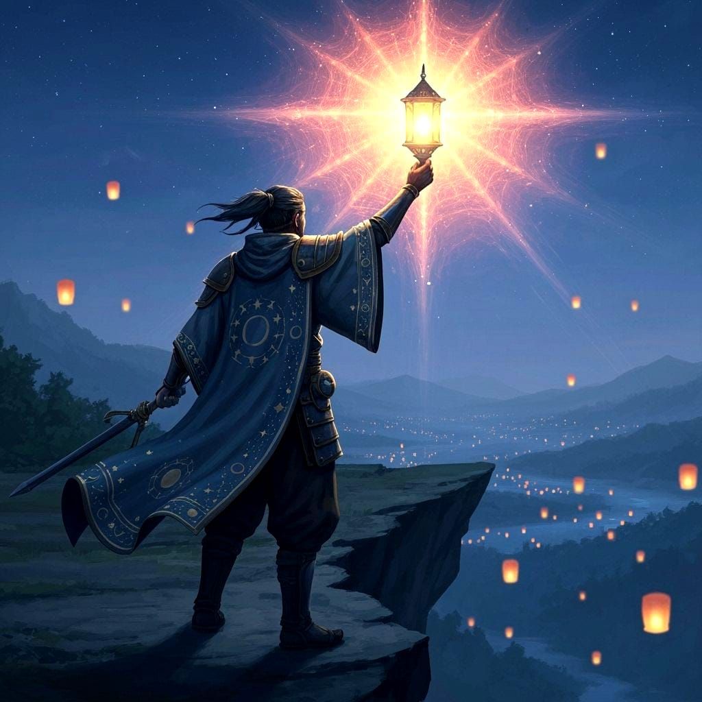A mystical warrior, clad in robes adorned with celestial patterns, holds aloft a radiant, magical lantern that casts intricate, shifting sha...