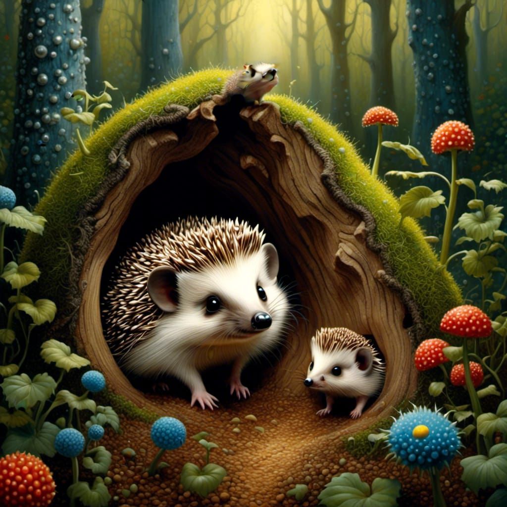 <lora:Pop Surrealism:1.0>Cute baby hedgehog in a magical Wood.  Intricate details. Perfect composition. Clean Sharp focus. High contrast. 16...
