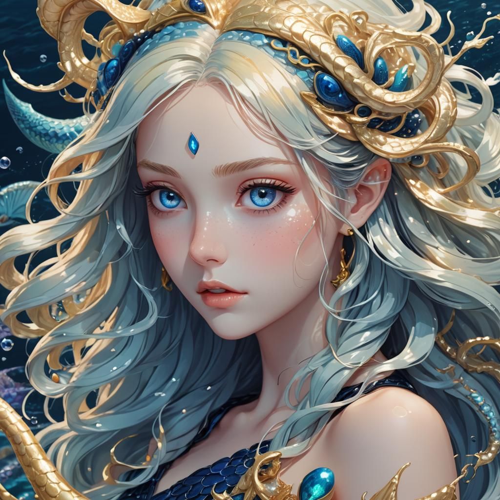 Anime Siren with Blue Eyes and Tail