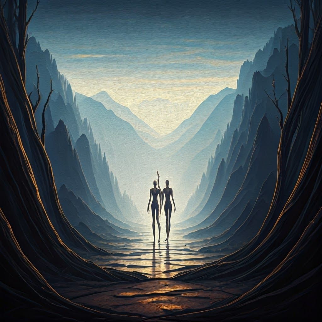 Twisted Trees and Dreamlike Mountains in Muted, Ethereal Col...