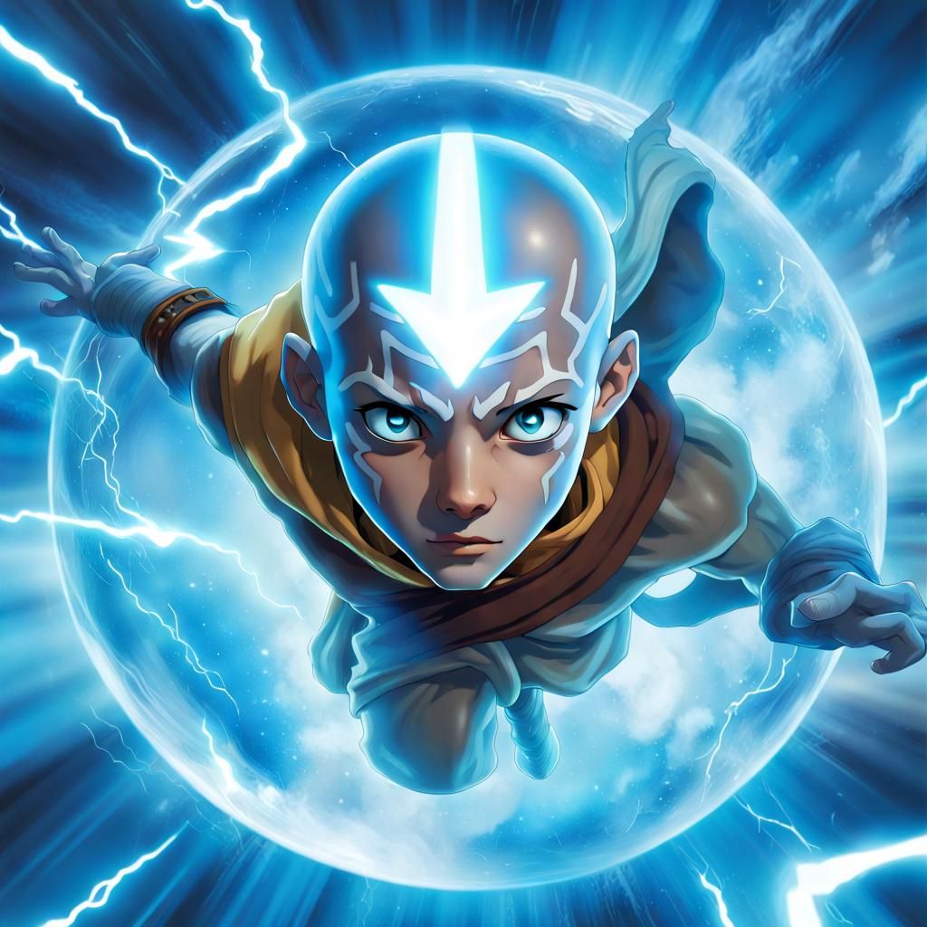 avatar_Aang in avatar_mode with ligthing light blue arrow tatto in ...