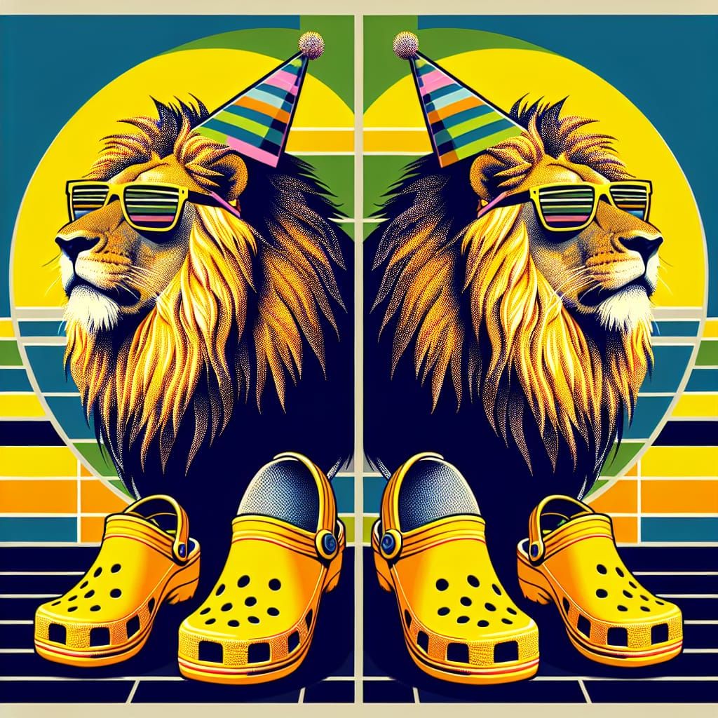 A lion wearing neon yellow CROCS and a party hat