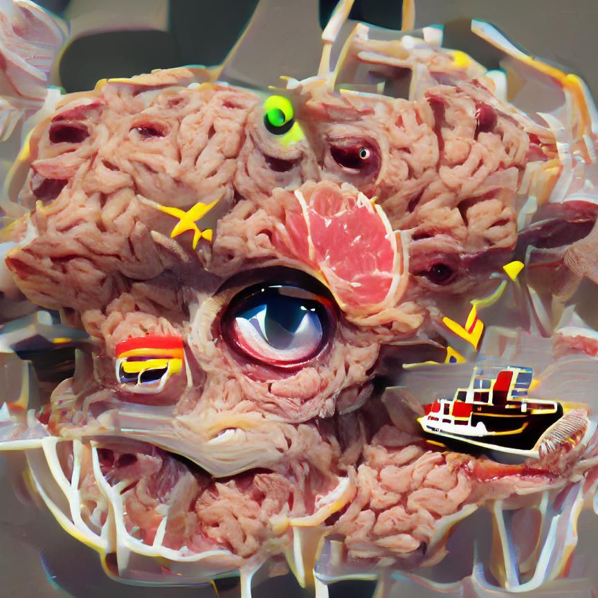 A brain with eyeballs and nerves piloting a ship made of mea...