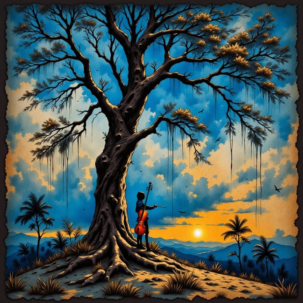 Violinist Silhouette Under Sunset Sky, Impasto Style