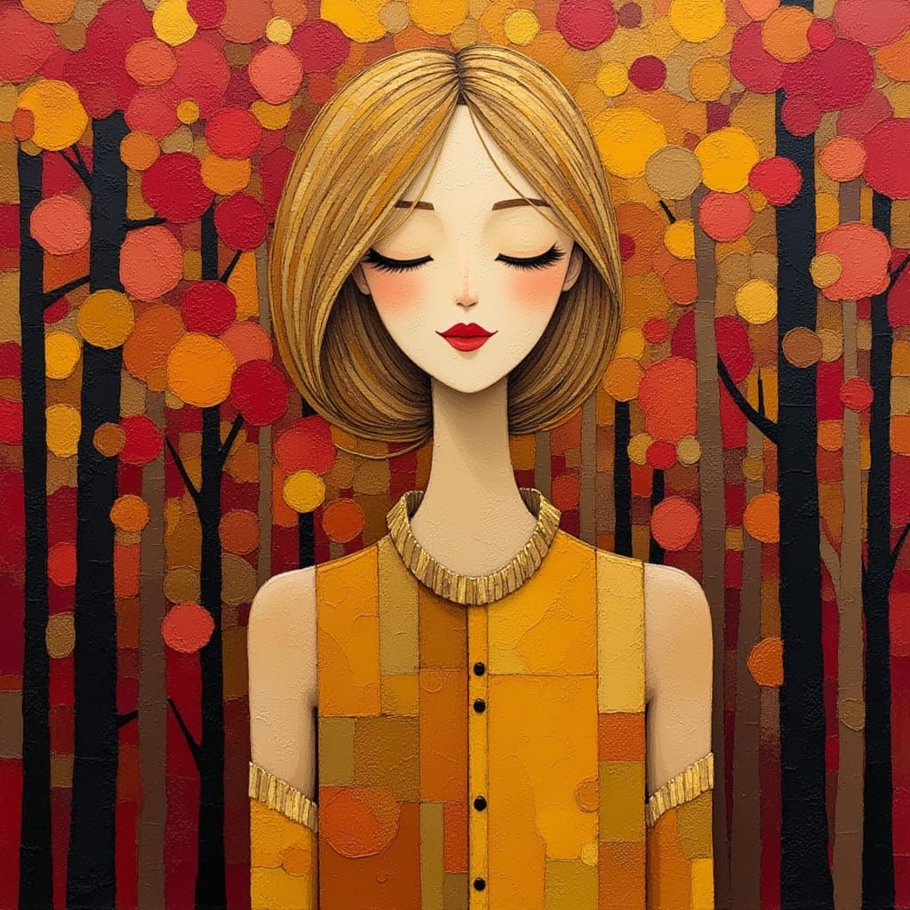 Forest goddess, gold, crimson and autumn hues, in Klimt style <lora:Geo Dada:1.0>