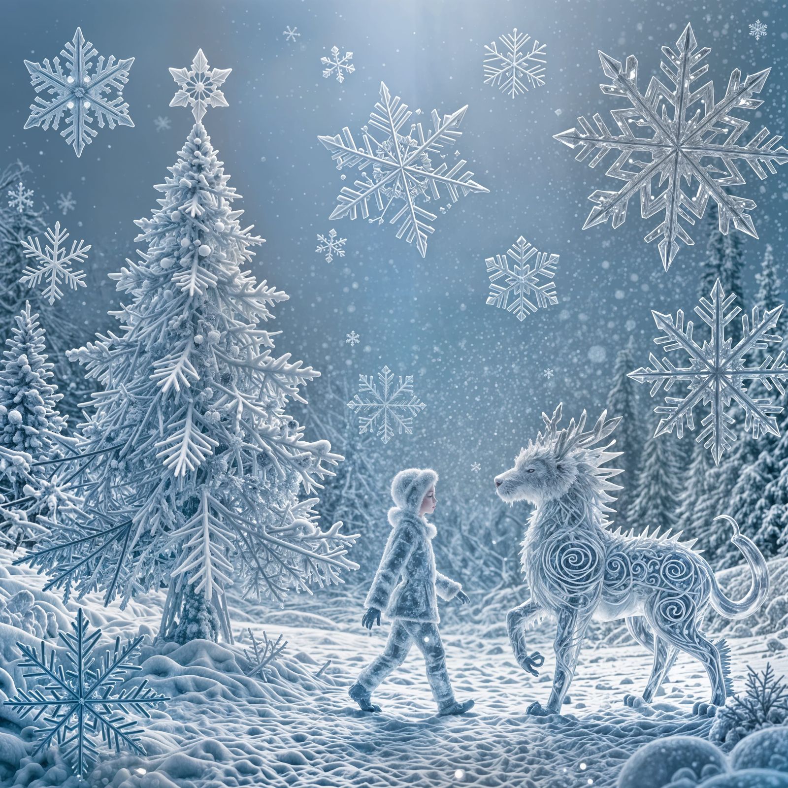 “Create a detailed winter artwork where unique crystalline snowflakes form characters, objects, and landscapes. ...  by @Naghshe Jahan