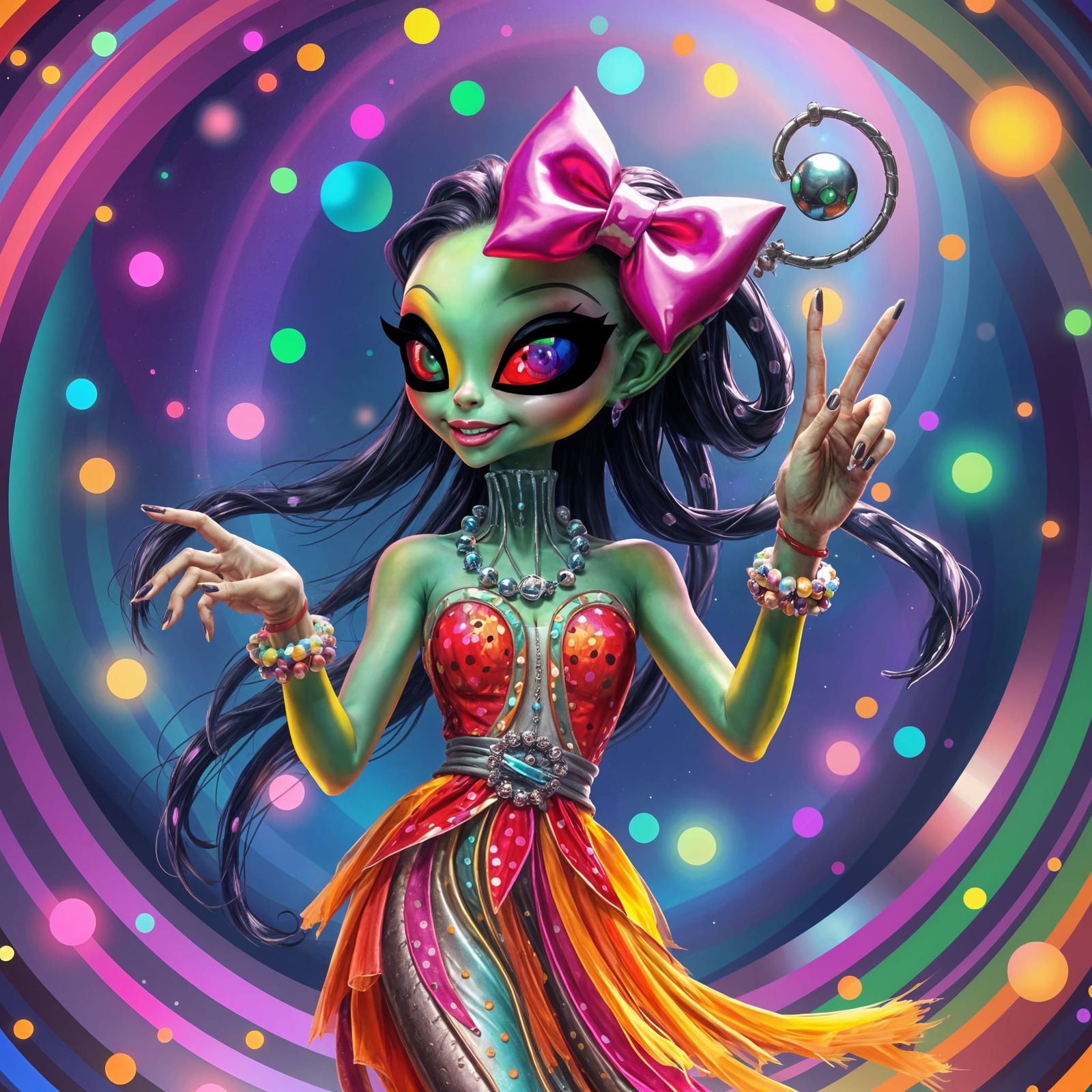 Abstract Alien Dancing with Rainbow Cake