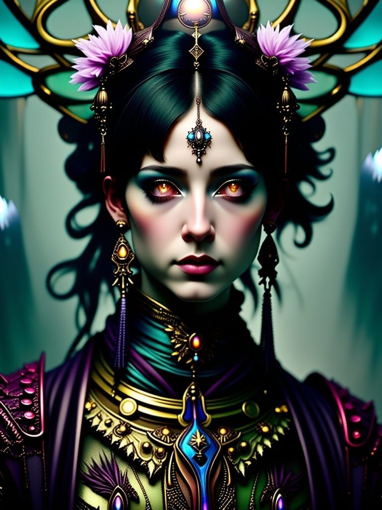 Surreal Dark Fantasy; Bejeweled Galactic Oasis : (Inverted World:1.0) (Reylia Slaby:1.0) <lora:Oneirology-Flux:1.0> maximalist hyperdetailed...