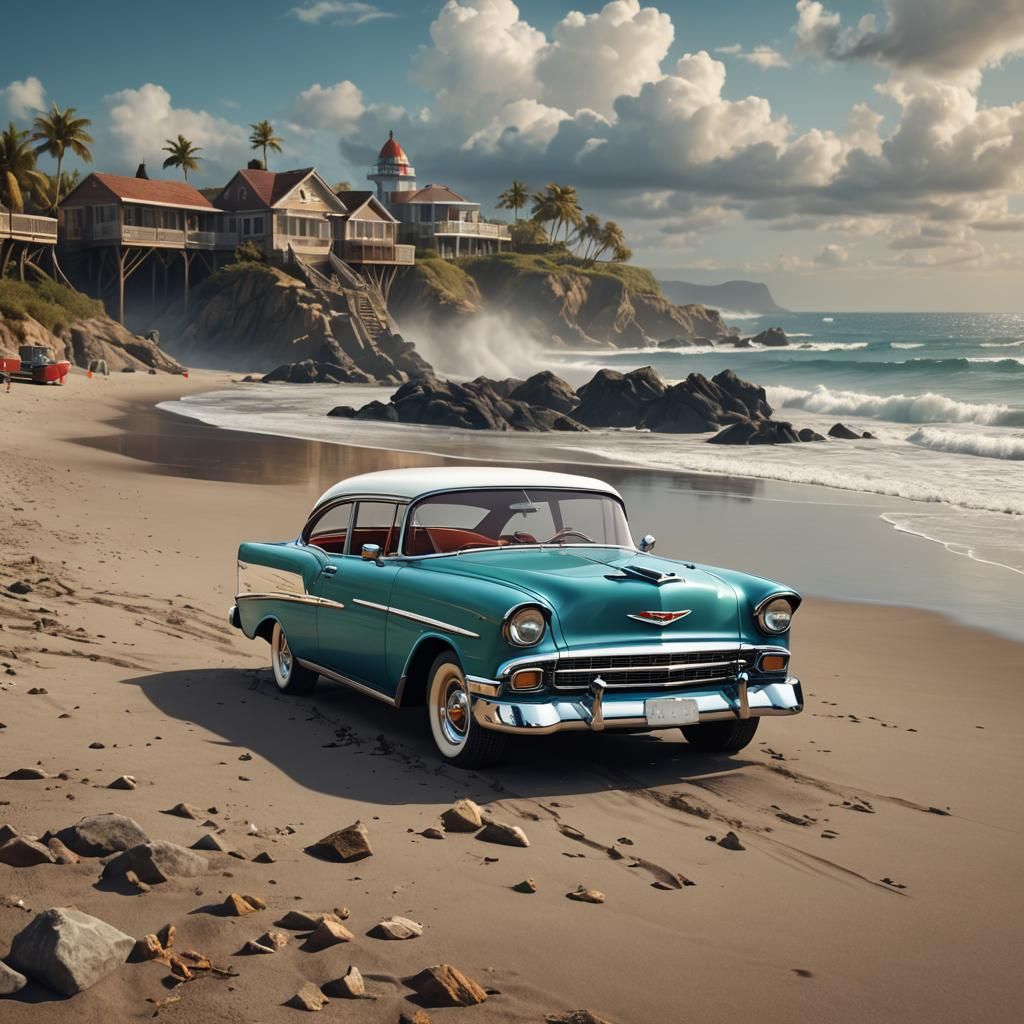 Chevrolet 1956 bel air on a beach