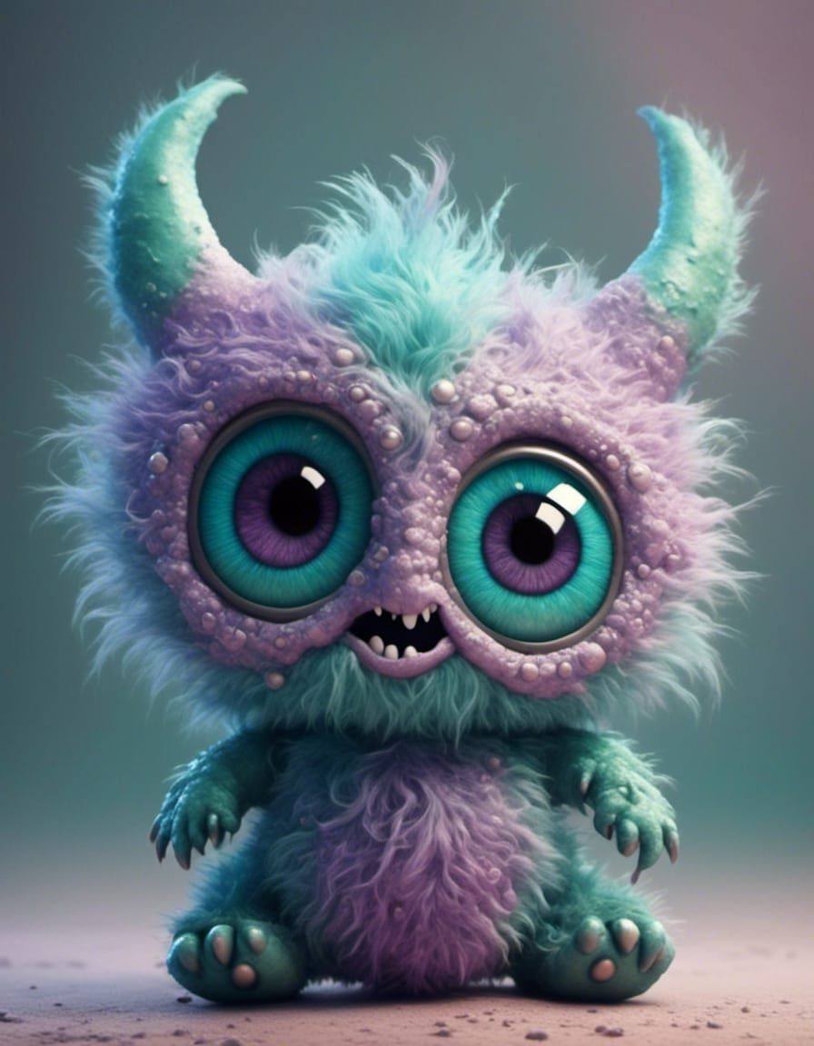  <lora:CutieMon:1.0> Cute adorable single big eye baby monster teal lilac baby blue