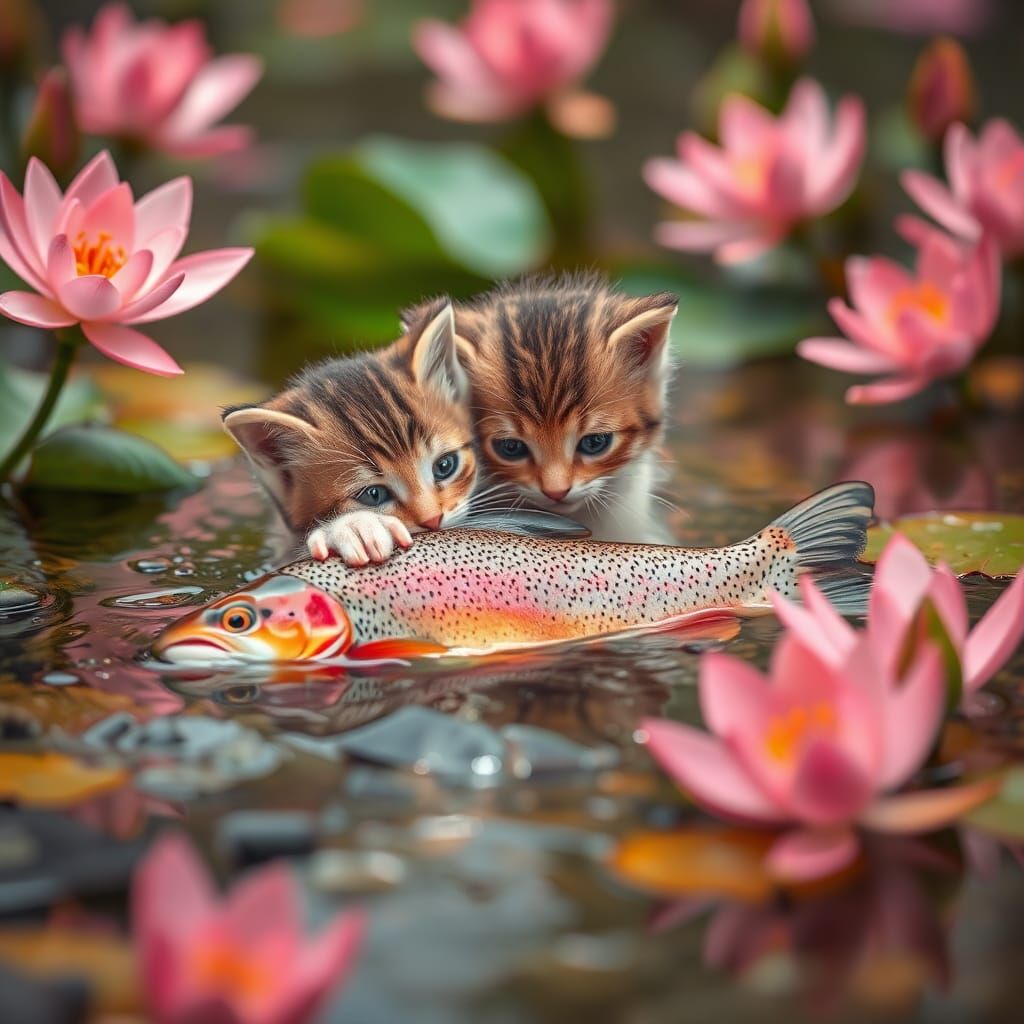 Adorable Kitten Playing with Rainbow Trout in a Shallow, Spa...