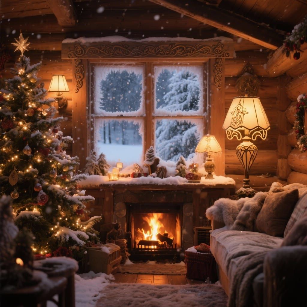 A cozy, snow-covered cabin interior on Christmas Eve, lit by the warm, soft glow of a crackling fireplace ...  by @Faydra6410