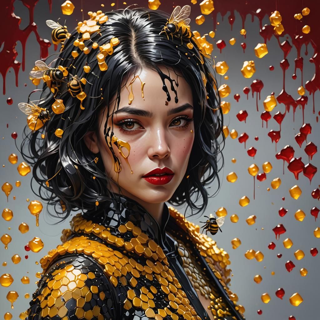 Bee Lady with honey comb suit. Dripping honey. red lips. Bla...
