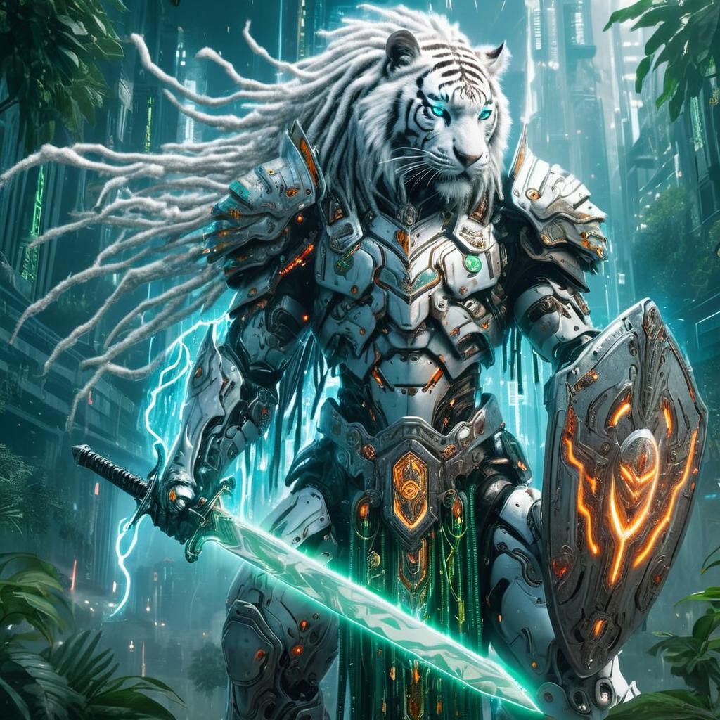 Cyberpunk Tiger Knight in Jungle Battle