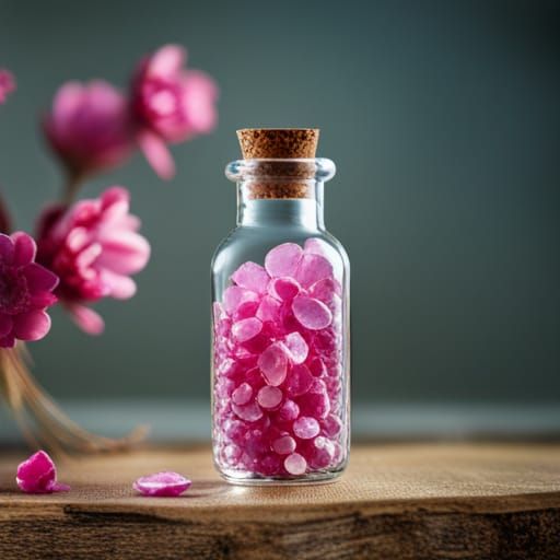 A beautiful shiny pink crystal in a bottle