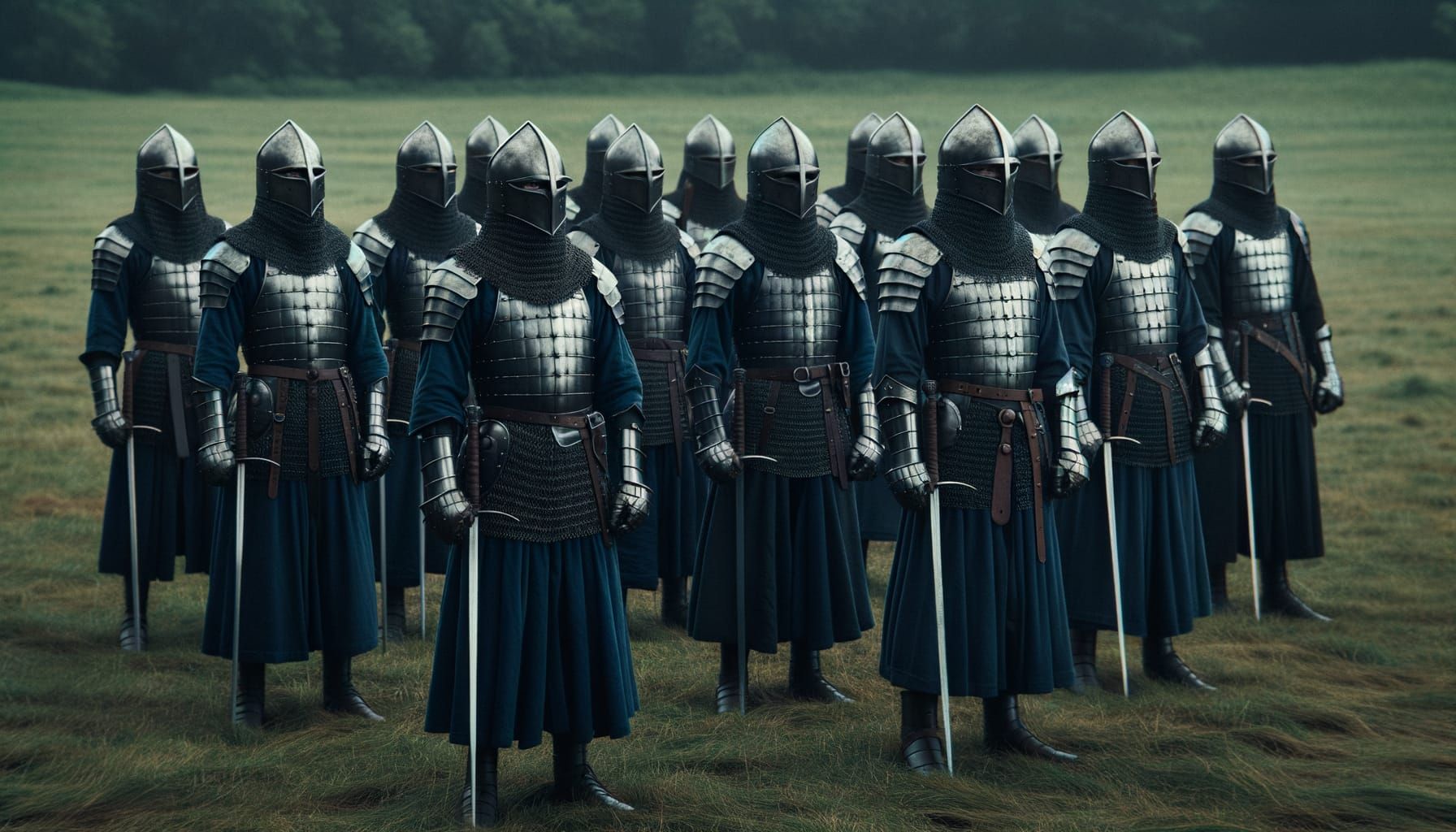 Depict a small squadron of training foot soldiers wearing long dark blue cloth under detailed silver half-plate armor, their helmets open fa...