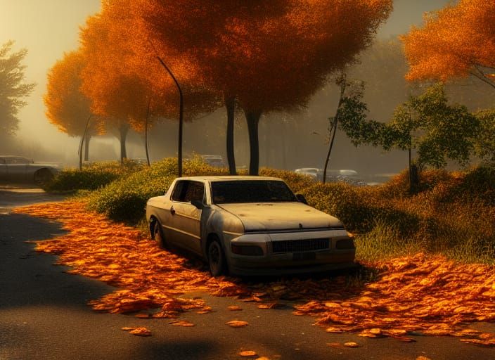 abandoned cars and trucks overgrown with autumn leaves by th...