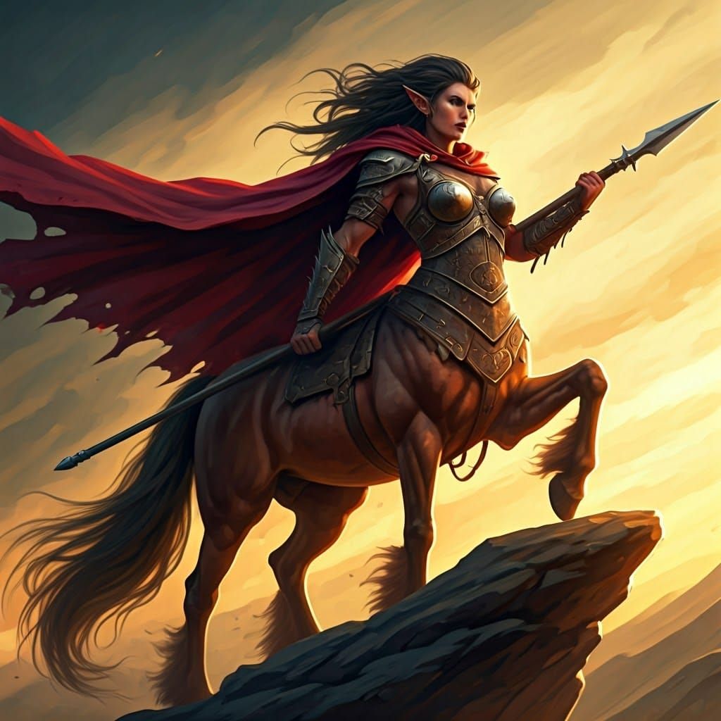 A single female centaur warrior ready to go to battle, hyperrealistic hyperdetailed impressionistic 